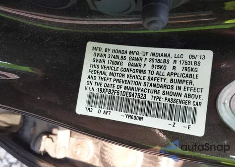 2013 Honda Civic Lx from USA, damaged, VIN 19XFB2F51DE047523